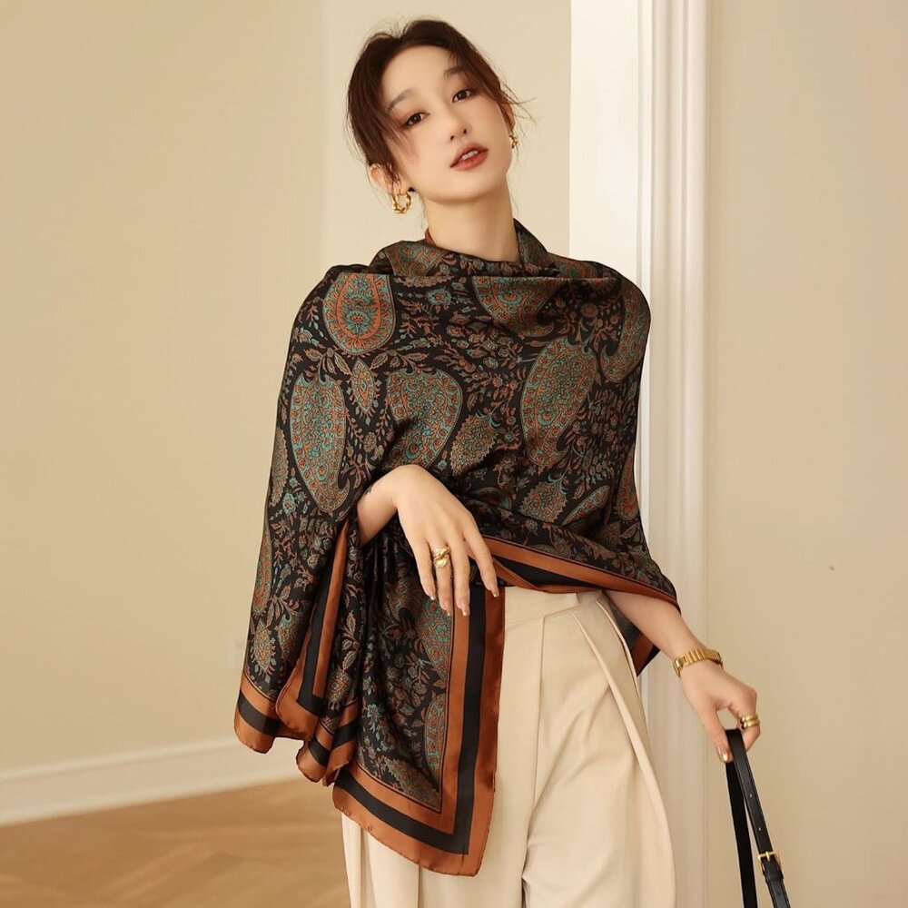 Women Brown -Fashion Flowers Print Scarves Winter Head Shawl Cotton Wrap - Picture 3 of 5
